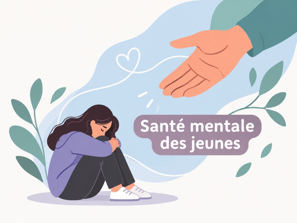 Illustration : une main tendue vers une jeune fille, avec le texte Santé mentale des jeunes
